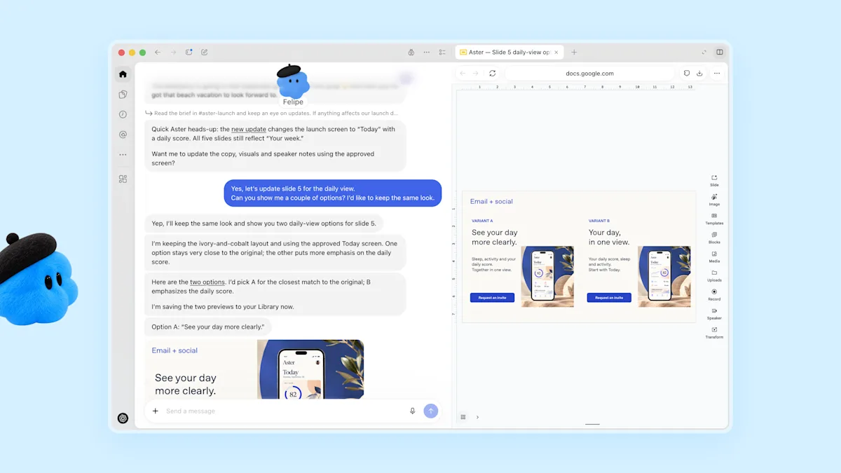 OpenAI Dot named Felipe updating presentation slide 5 inside Google Docs while chatting with the user