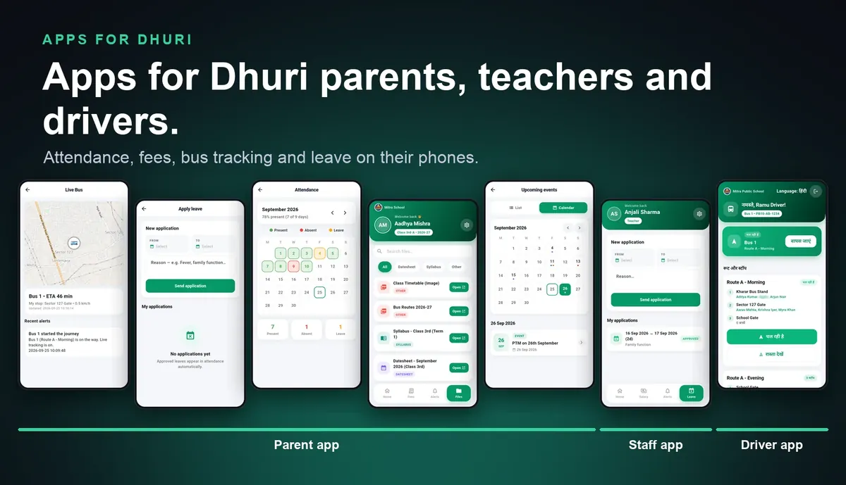 School ERP mobile apps for Dhuri parents, teachers and drivers: parent app with attendance, fees and live bus, staff app and driver app