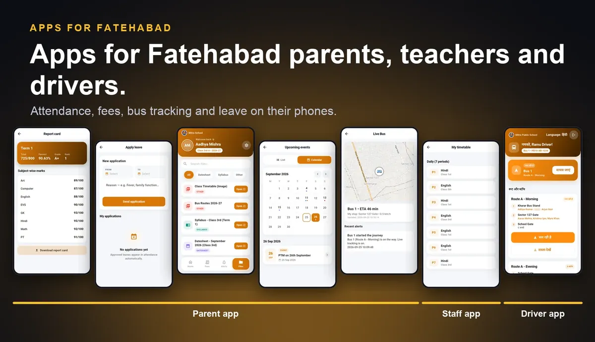 School ERP mobile apps for Fatehabad parents, teachers and drivers: parent app with attendance, fees and live bus, staff app and driver app