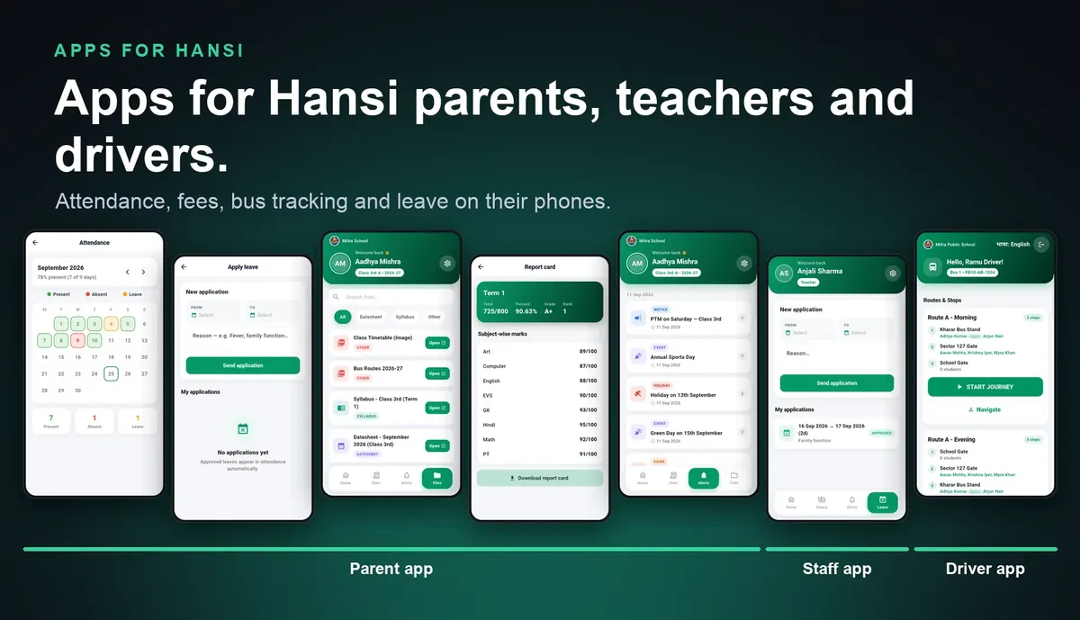 School ERP mobile apps for Hansi parents, teachers and drivers: parent app with attendance, fees and live bus, staff app and driver app