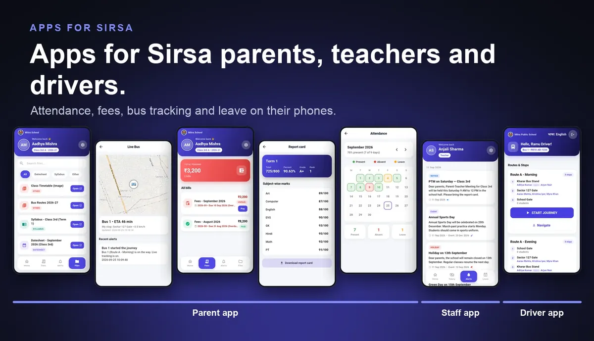 School ERP mobile apps for Sirsa parents, teachers and drivers: parent app with attendance, fees and live bus, staff app and driver app