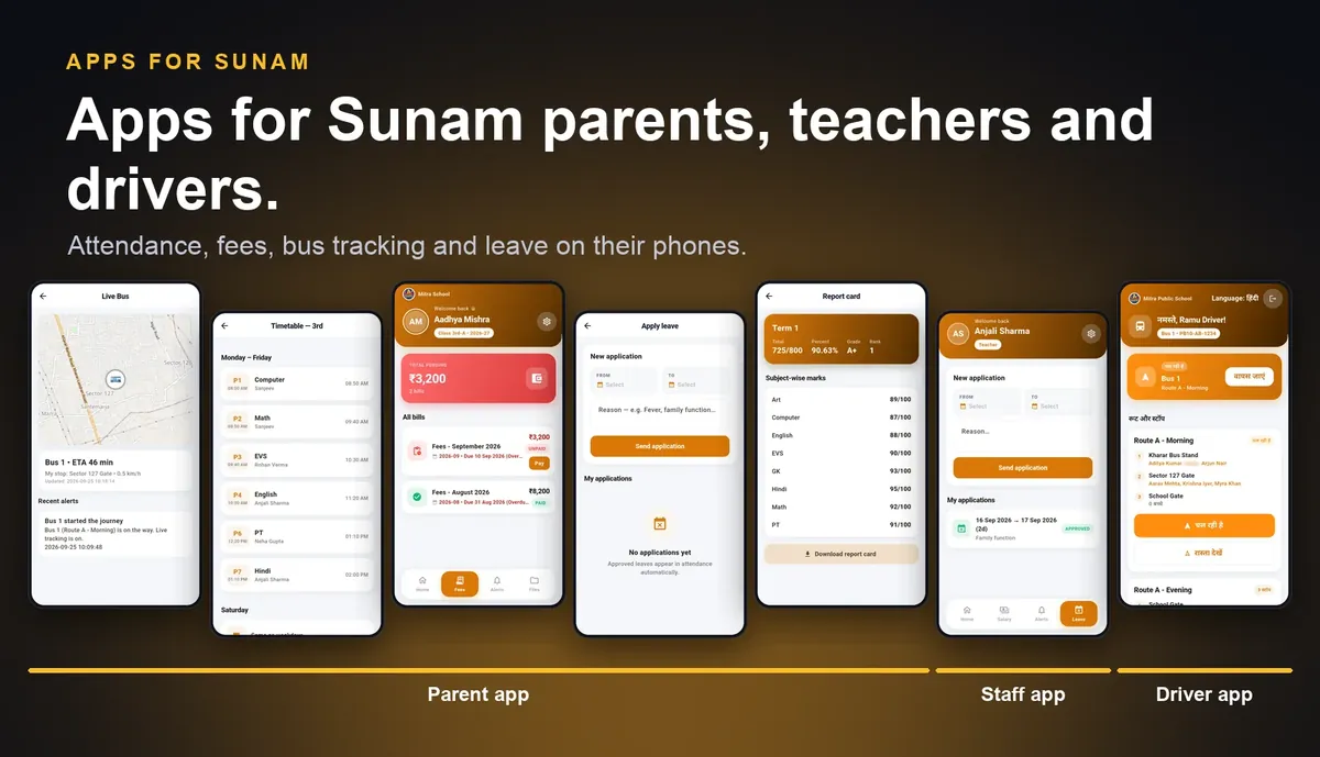 School ERP mobile apps for Sunam parents, teachers and drivers: parent app with attendance, fees and live bus, staff app and driver app