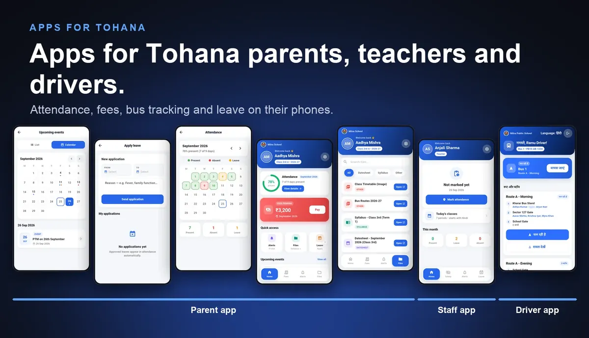 School ERP mobile apps for Tohana parents, teachers and drivers: parent app with attendance, fees and live bus, staff app and driver app